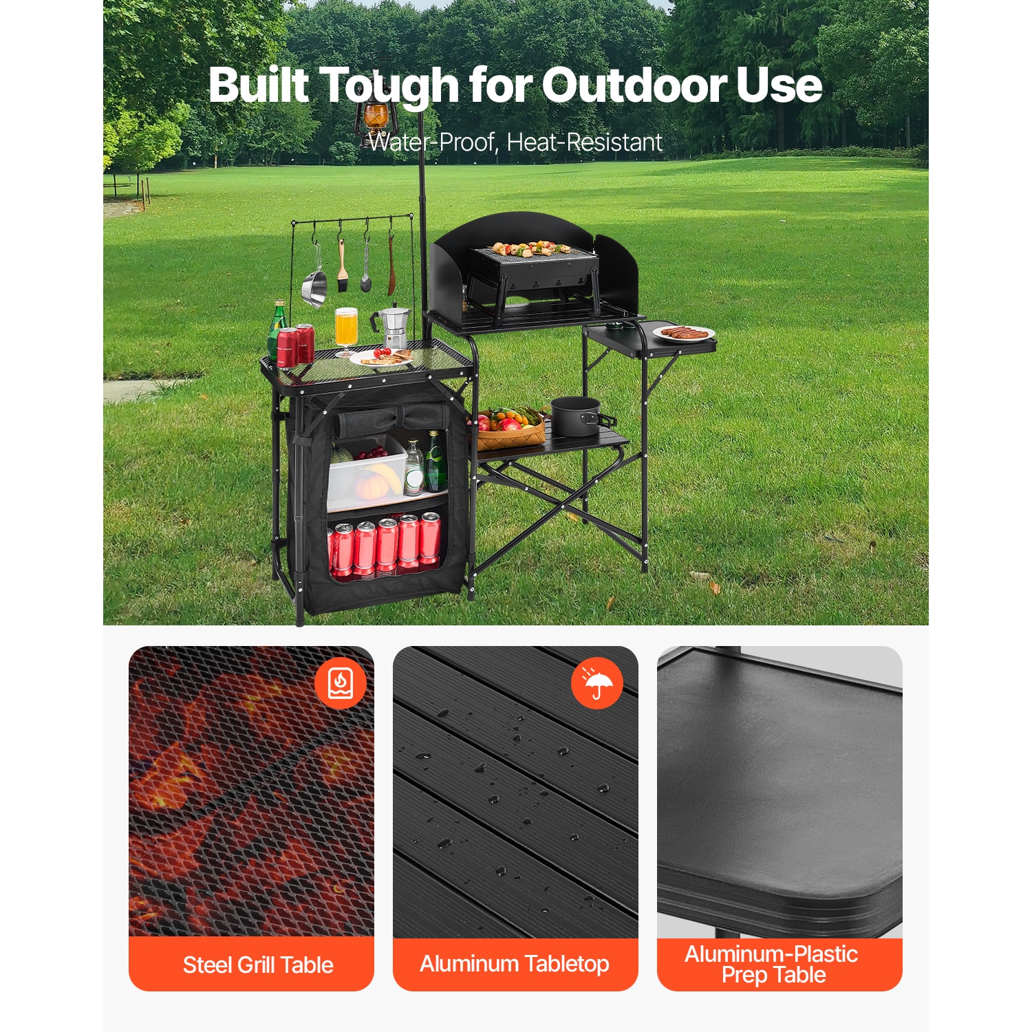Camping Kitchen Table Portable Outdoor Cook Station Storage Windshield Aluminum_voghion.com